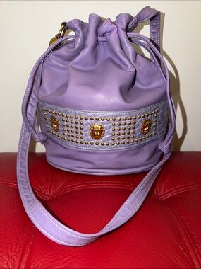 Park Ave Int Purple Genuine Leather W/ Gold-Tone Studs & Lion Heads Bucket Bag